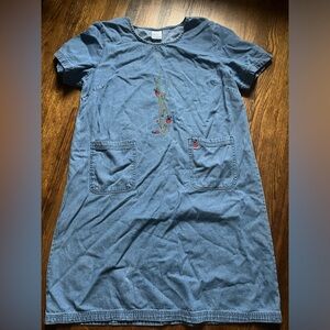 Vintage Denim Dress Embroidered Grass  and Ladybugs